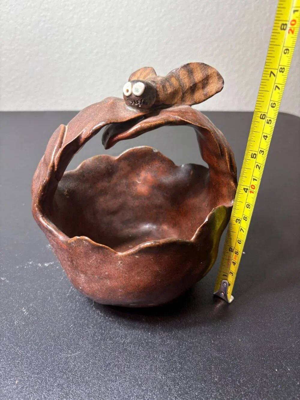Vintage Primitive Handmade Ceramic Basket with Bumble Bee